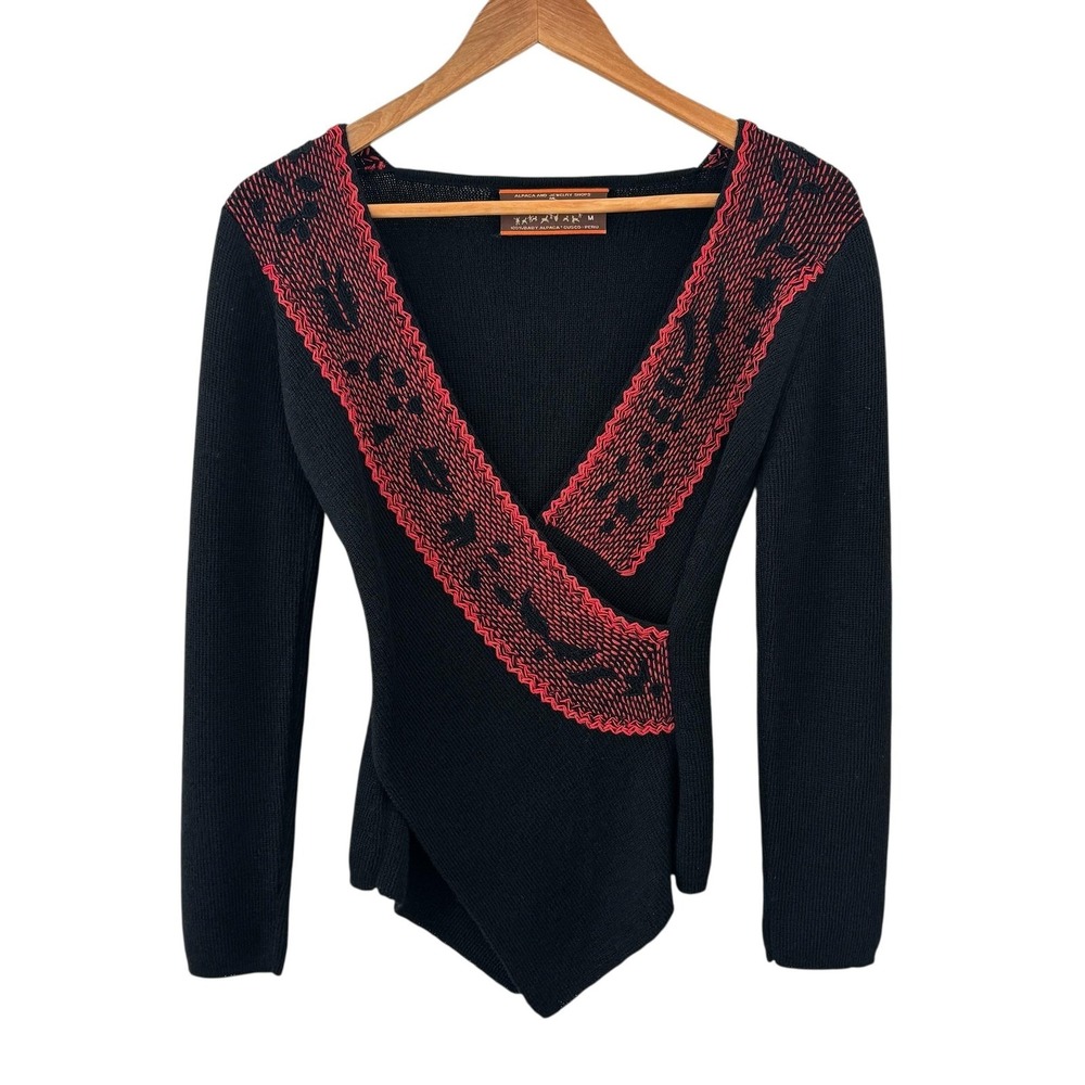 Alpacas Best Baby Alpaca Wrap Sweater Womens M Black Embroidered Floral Boho